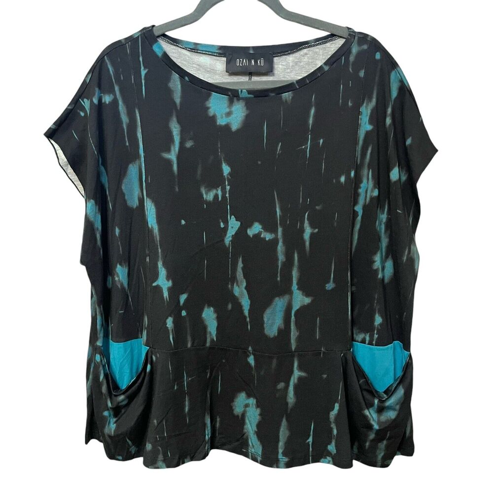 Ozai N Ku Teal Black Short Sleeve Pocket Top